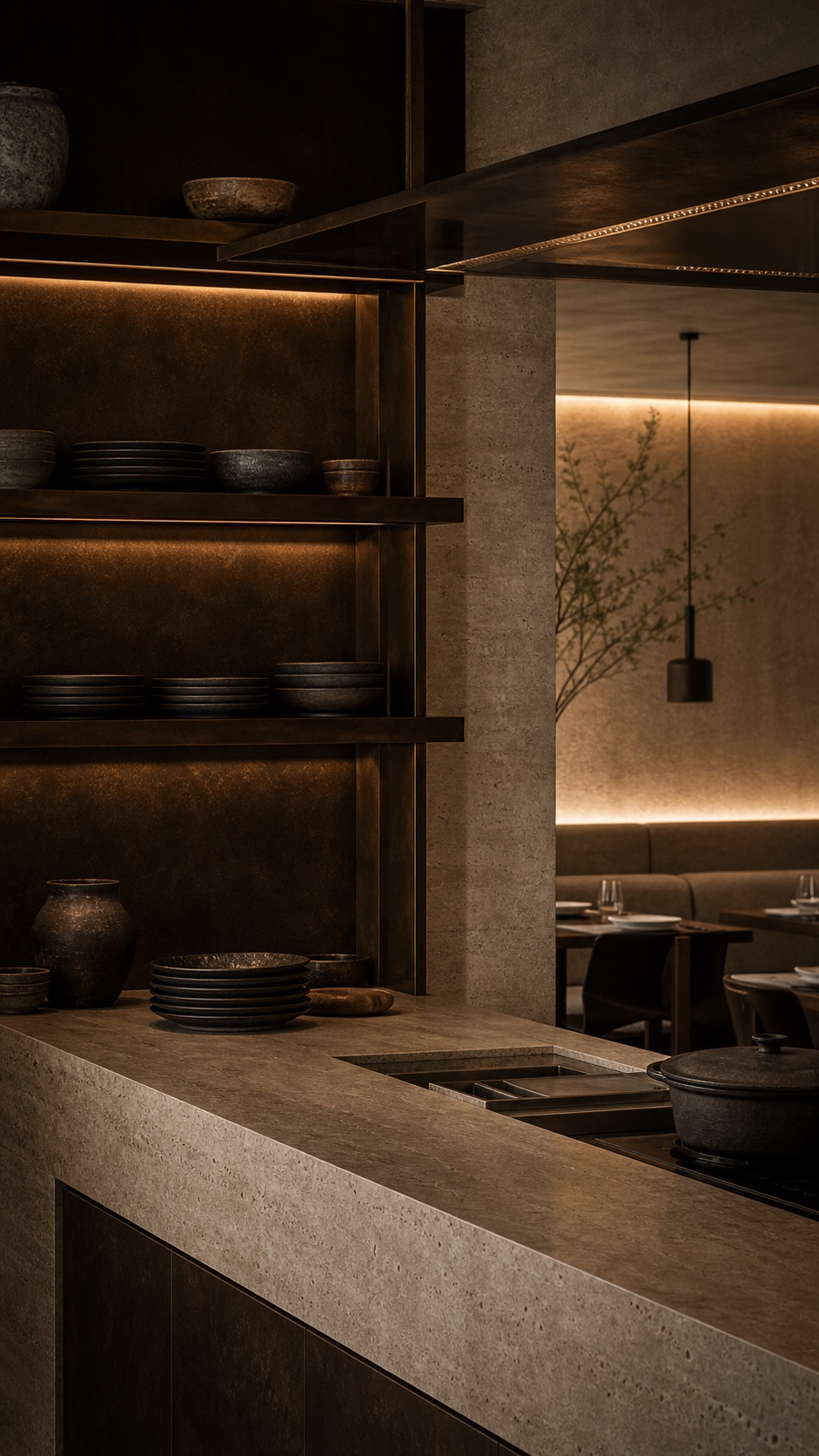 Restaurant show kitchen detail with warm stone and bronze by altter studio