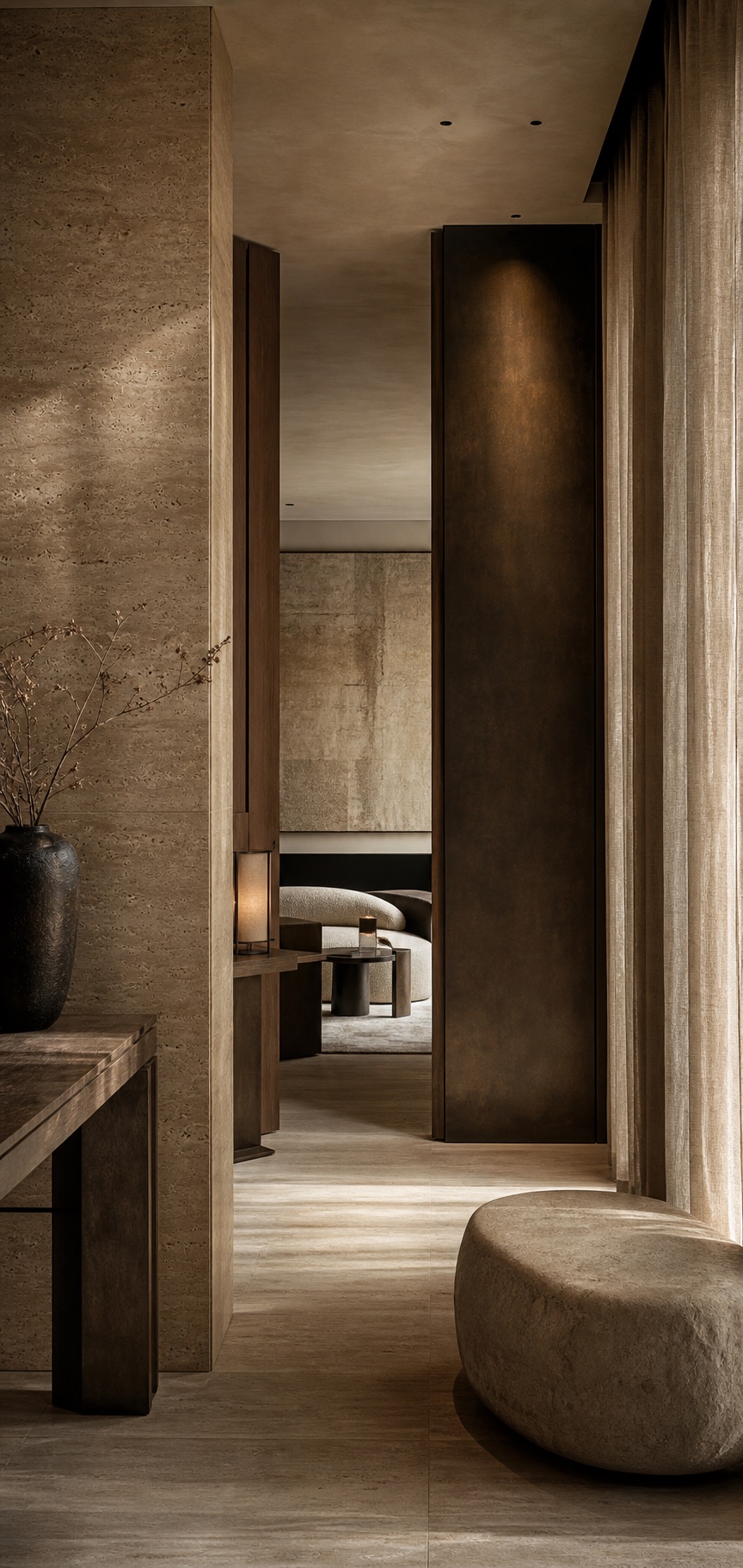 Luxury hospitality interior design by altter studio with stone, bronze and linen materials
